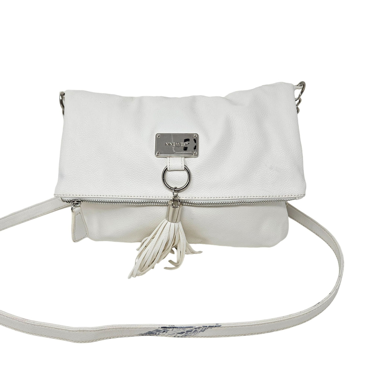 Nine West White Crossbody Purse NWT Zip Closure Silver Accents Tassel Handbag