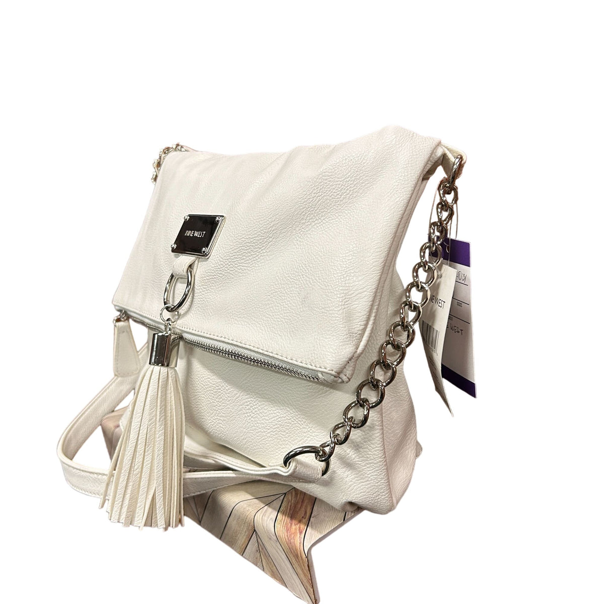 Nine West White Crossbody Purse NWT Zip Closure Silver Accents Tassel Handbag