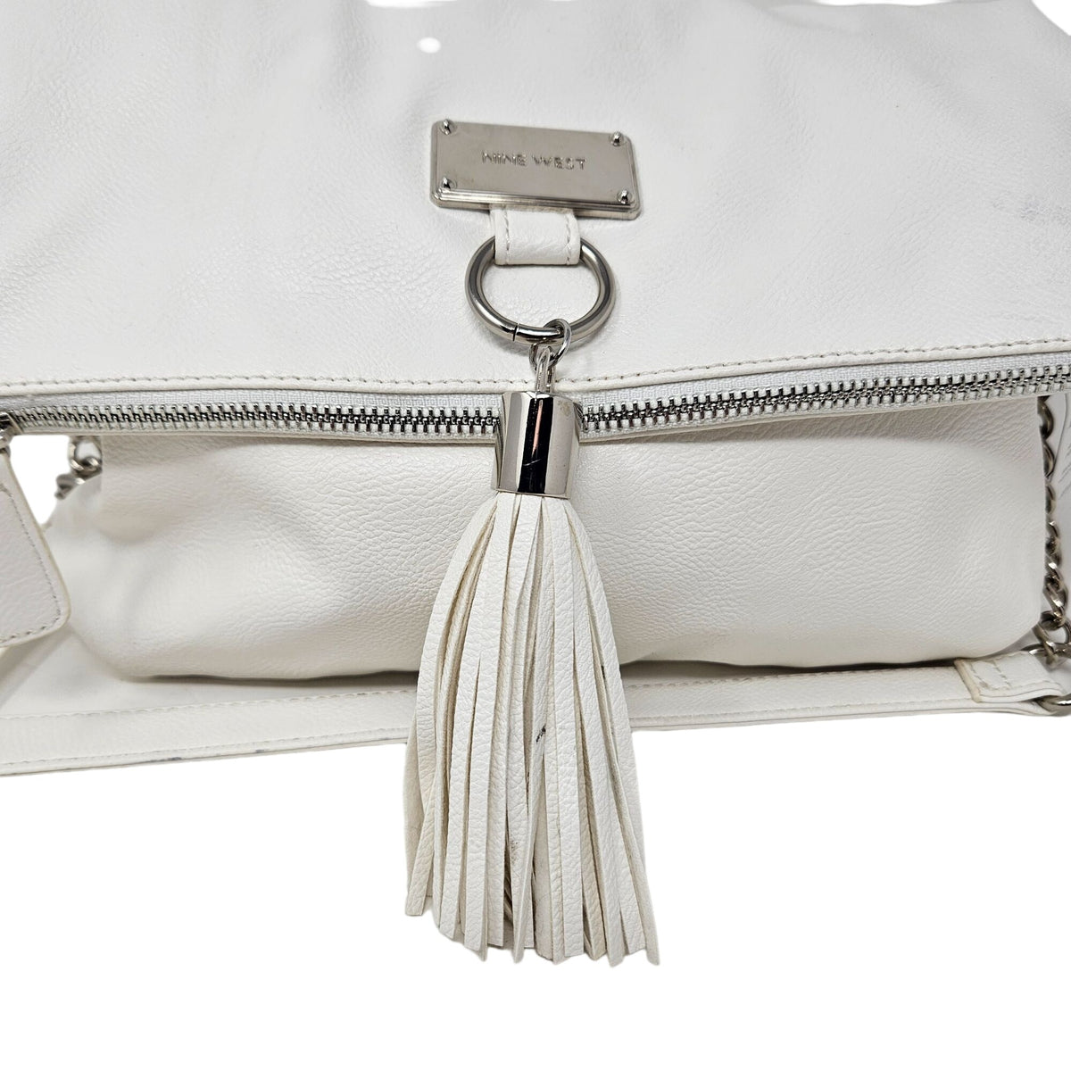Nine West White Crossbody Purse NWT Zip Closure Silver Accents Tassel Handbag