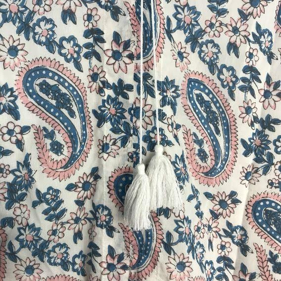 Madewell M Paisley Peasant Blouse Blue Pink V Neck Tassel 3/4 Sleeve Boho Hippie