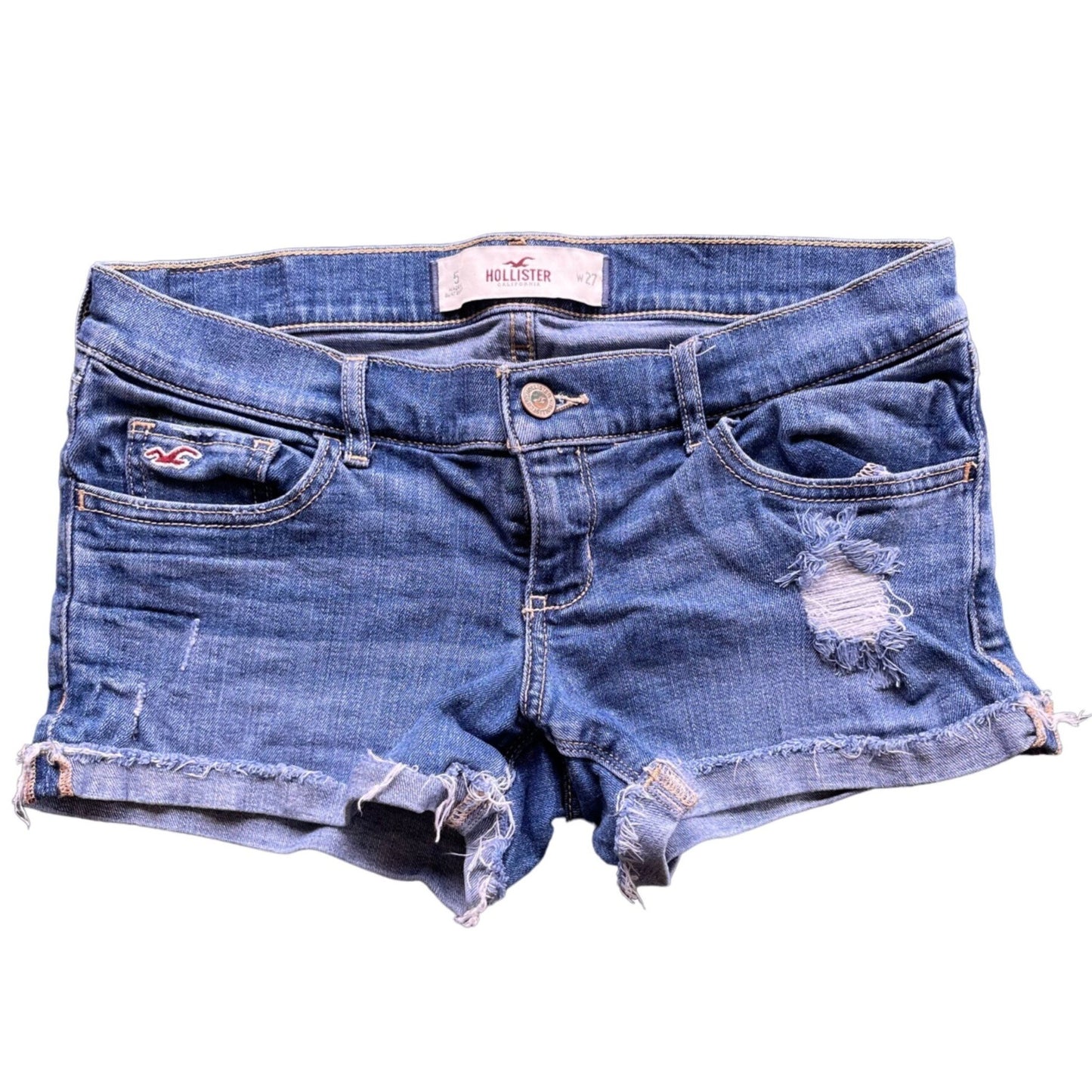 Hollister Womens 5/27 Blue Denim Jean Shorts Distressed Medium Wash 3" Inseam