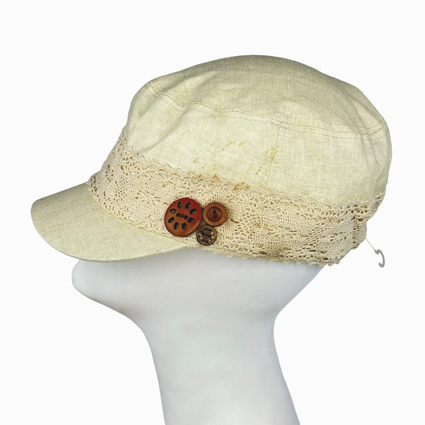 Croft and Barrow Womens Lace Linen Cap Buttons Elastic Stretch Pageboy Hat