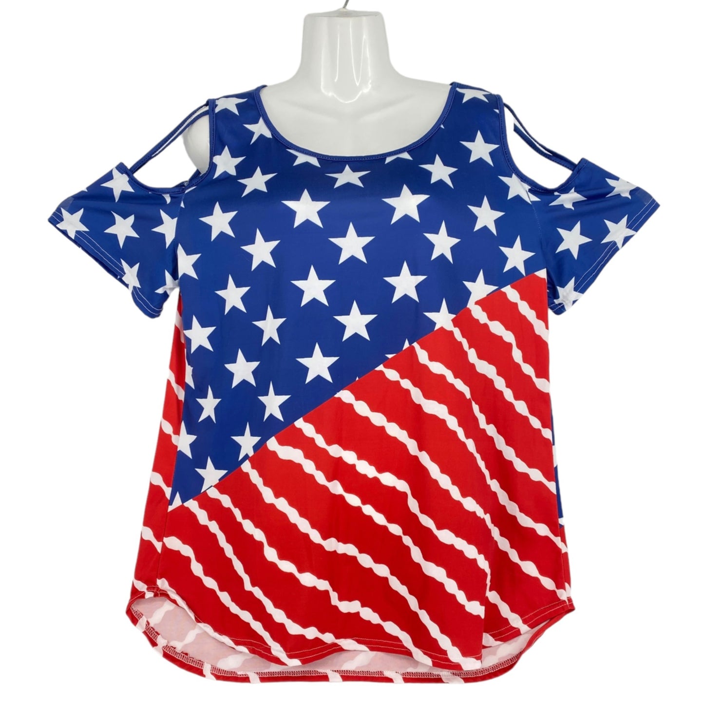 Patriotic Womens 2XL American Flag Cold Shoulder Top Red White Blue Quick Dry