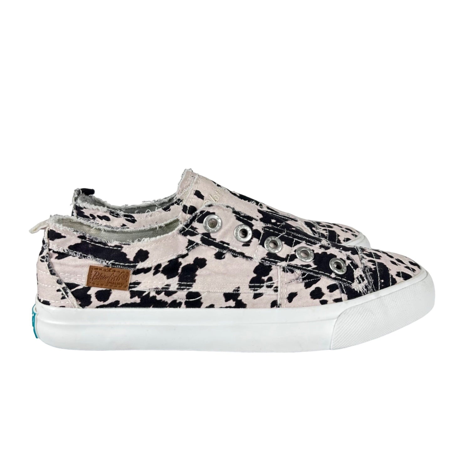 NWOB Blowfish Malibu Womens 9 Black White Cow Print Canvas Slip On Sneaker