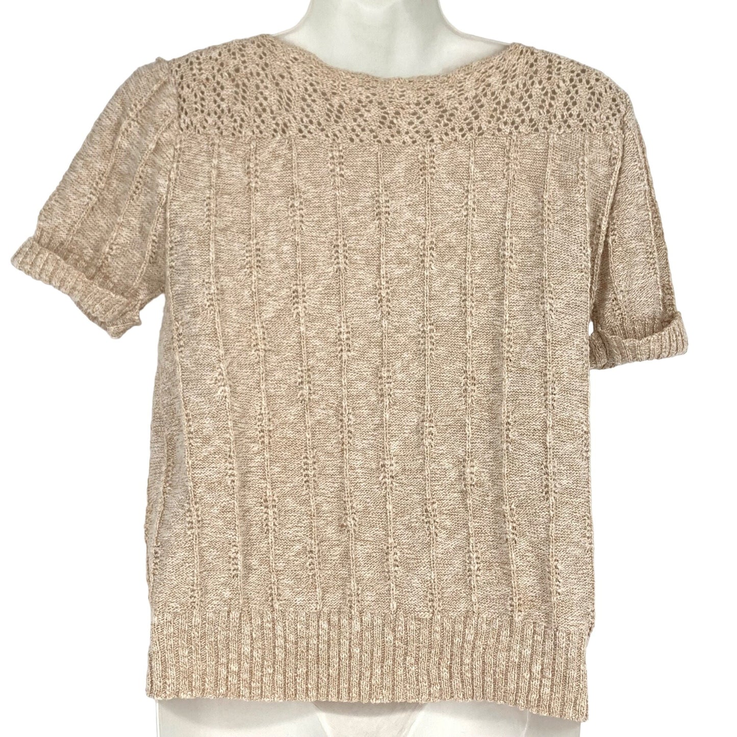 Vintage M Beige Knit Sweater Short Sleeve Ribbed Granny Cottage Round Neck