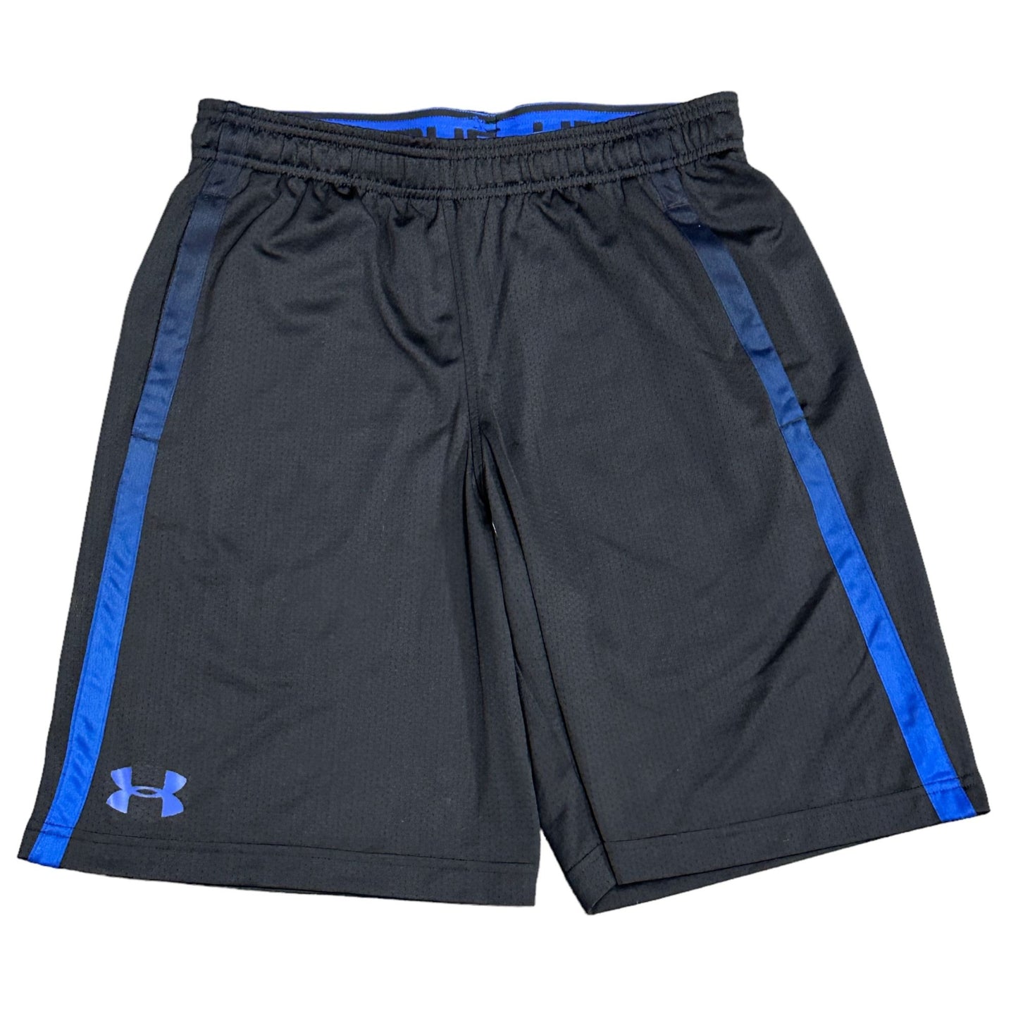 Under Armour Men M Black Shorts Blue Stripe Basketball Loose Casual Mesh Pockets