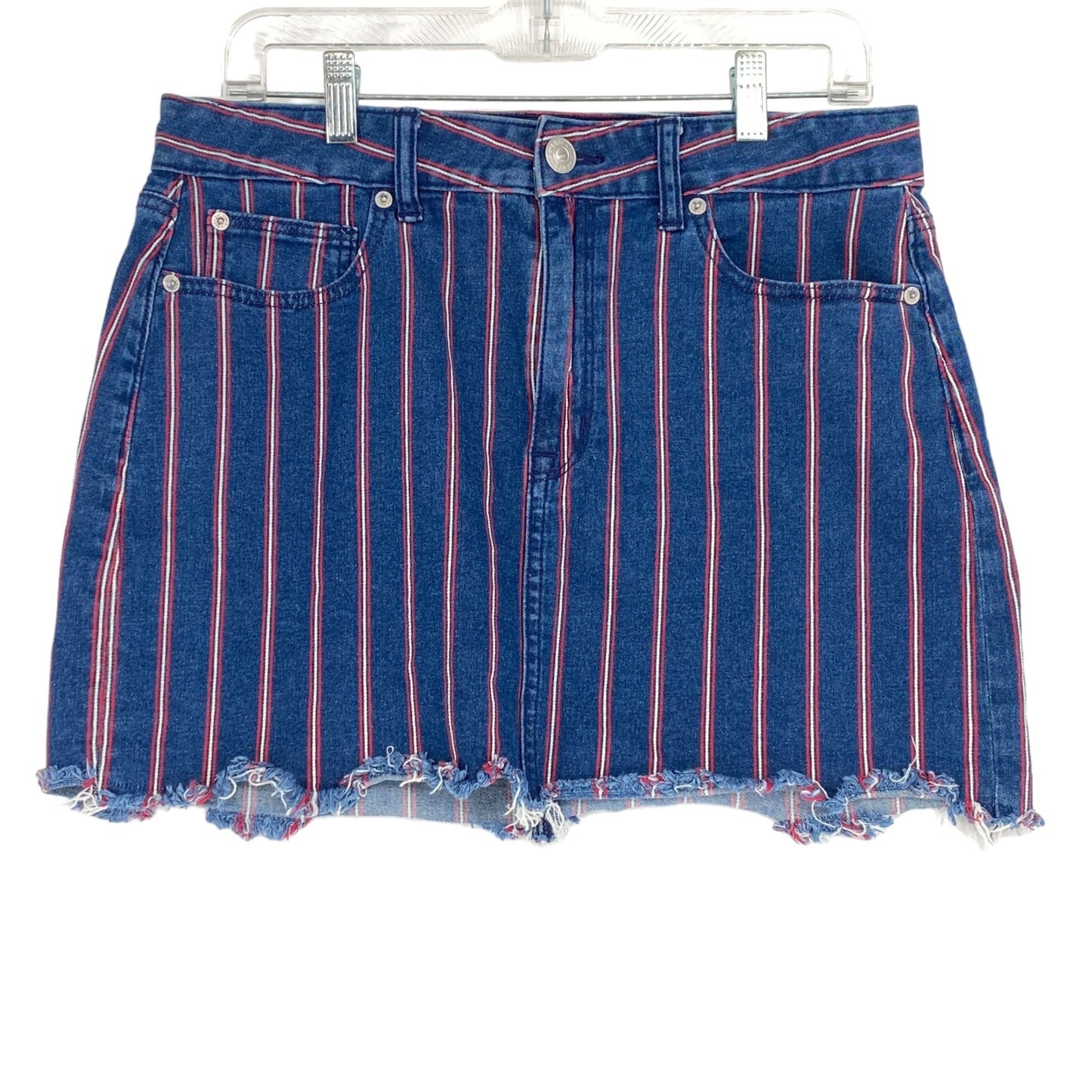 American Eagle 12 Mini Skirt Red White Blue Jean Striped Raw Hem Super Stretch