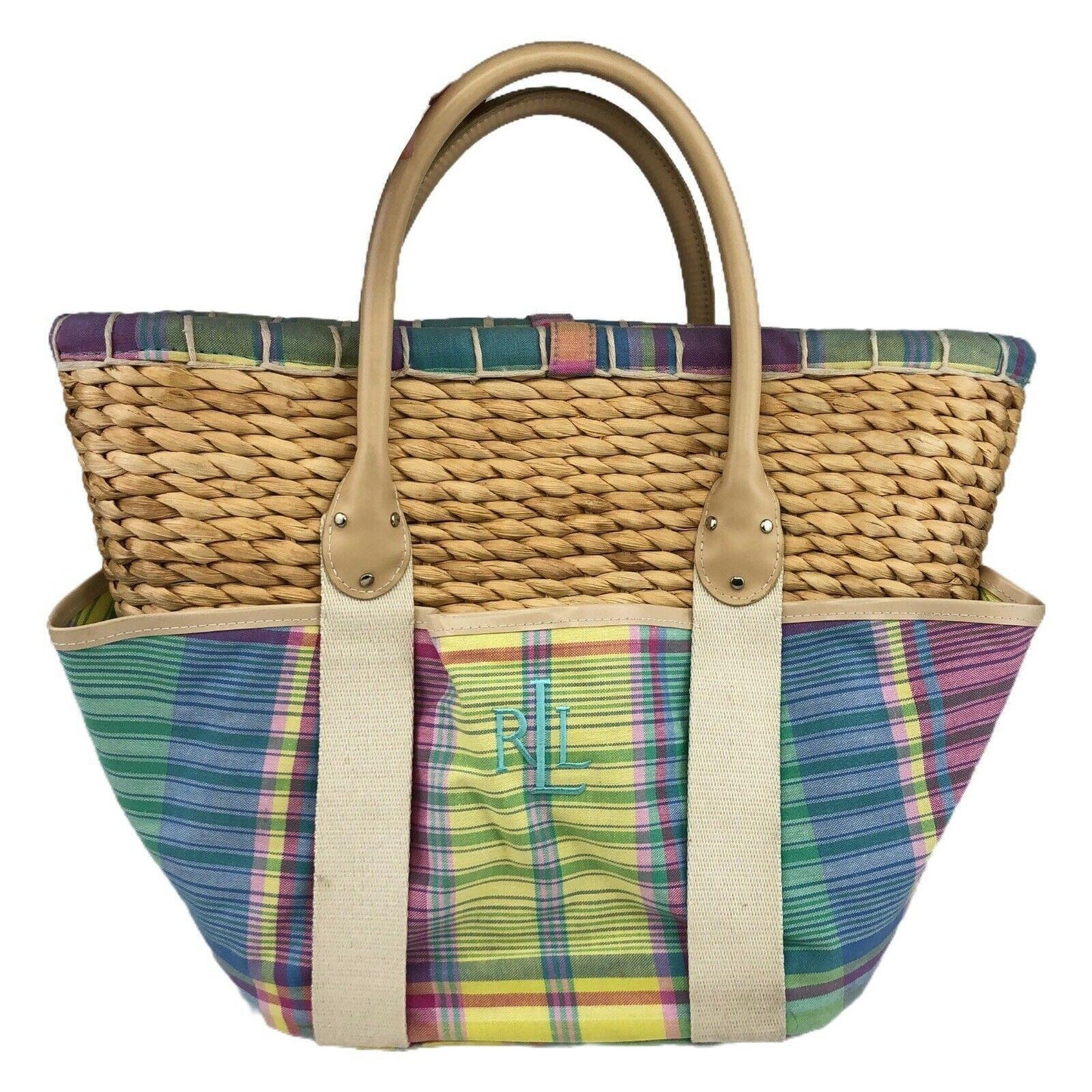 LRL Ralph Lauren Madras Plaid Tote Bag Picnic Basket Wicker Straw Preppy Beach