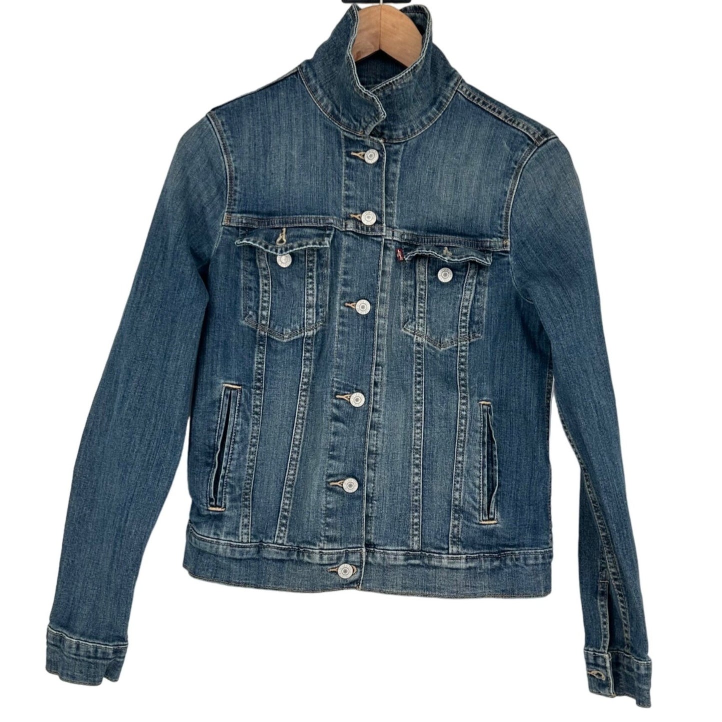 Levi Strauss Womens M Blue Denim Trucker Jacket Blue Jean Buttercup Stretch