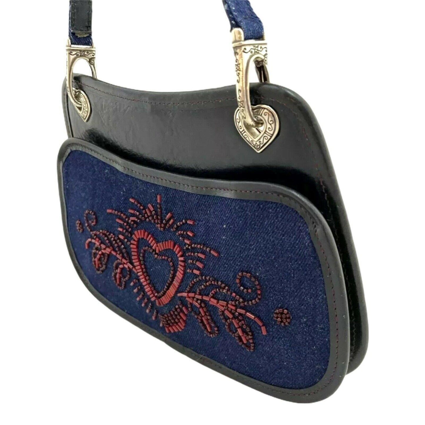 Brighton Denim Beaded Slim Purse Shoulder Bag Black Leather Trim Heart Pattern