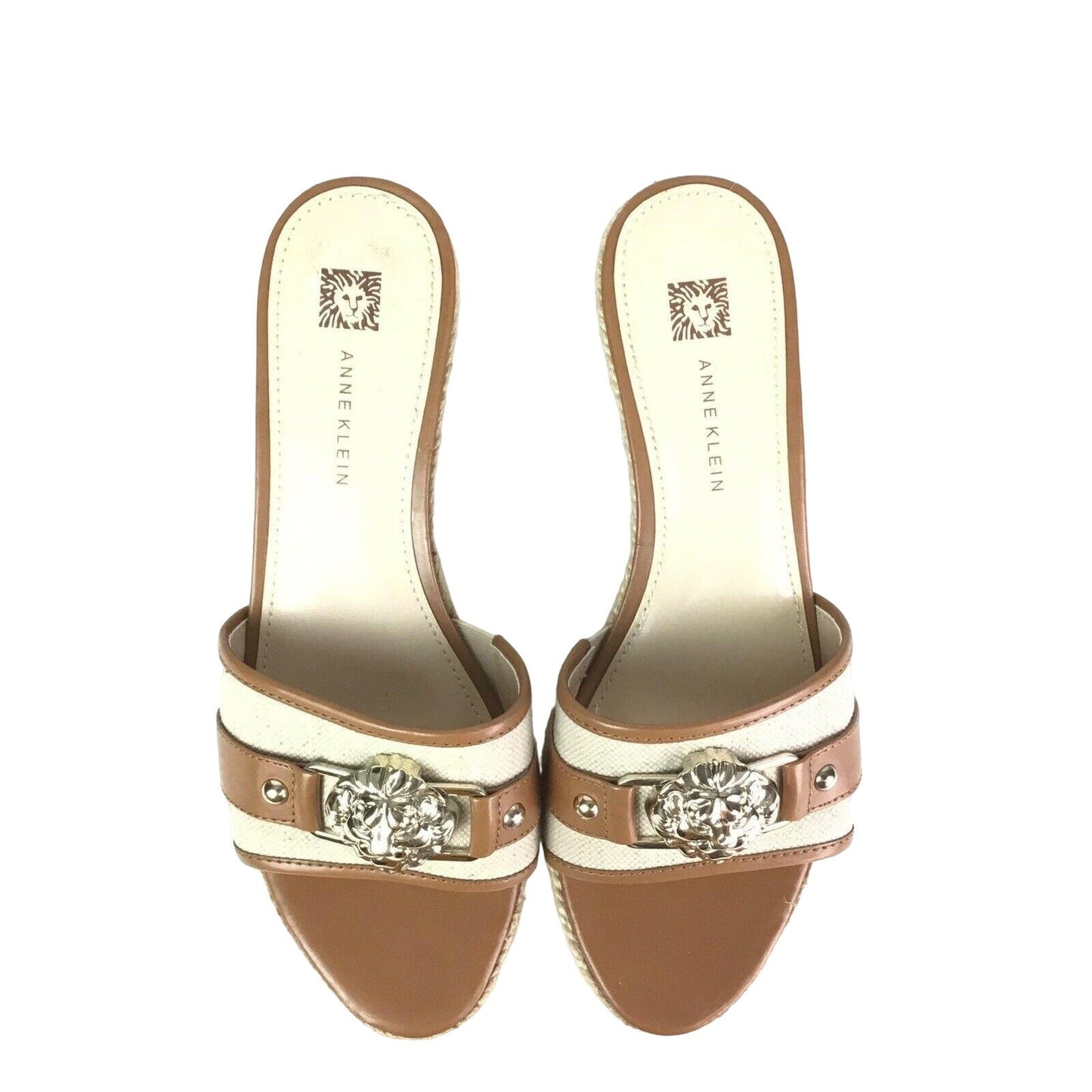 Anne Klein 8M Elissabet Gold Lion Head Espadrilles Tan White Sandal Wedges NEW