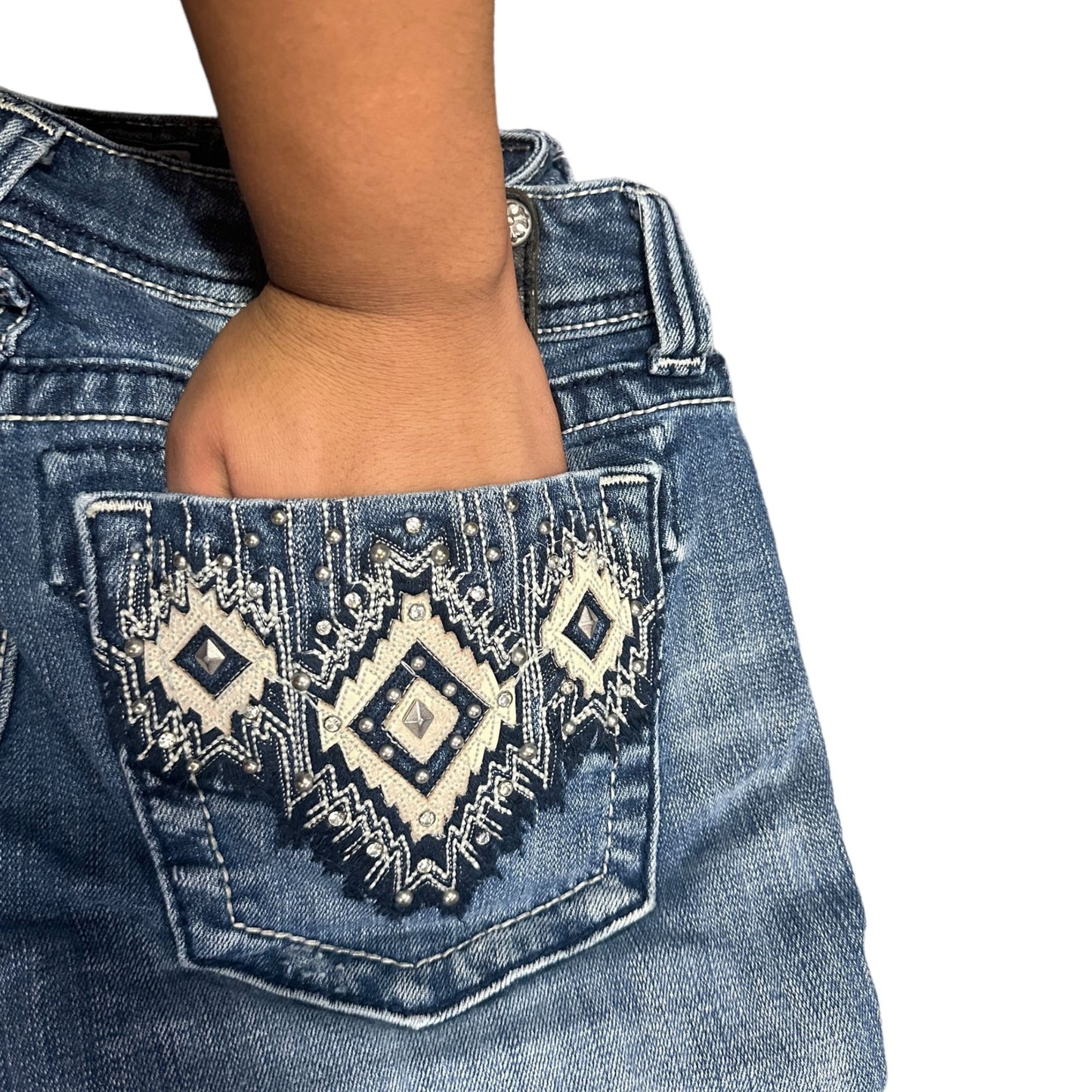 Miss Me 29 Bootcut Blue Jeans JW5416B Leather Aztec Studs Stones Thick Stitch