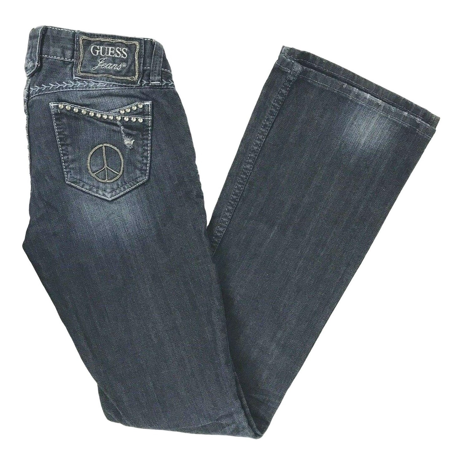 Guess Jeans 24x33 Peace Sign Bootcut Jeans Distressed Embellished Dark Wash