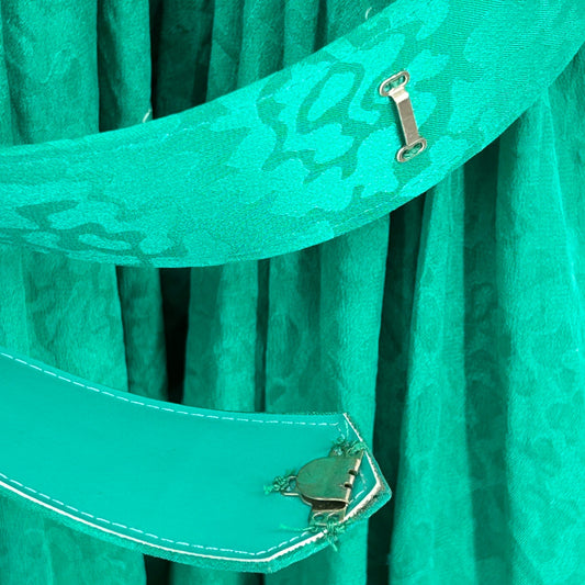 Vtg Garfinckels Green Silk Dress 80s Womens 6 Jacquard Print Puff Sleeve Pleated