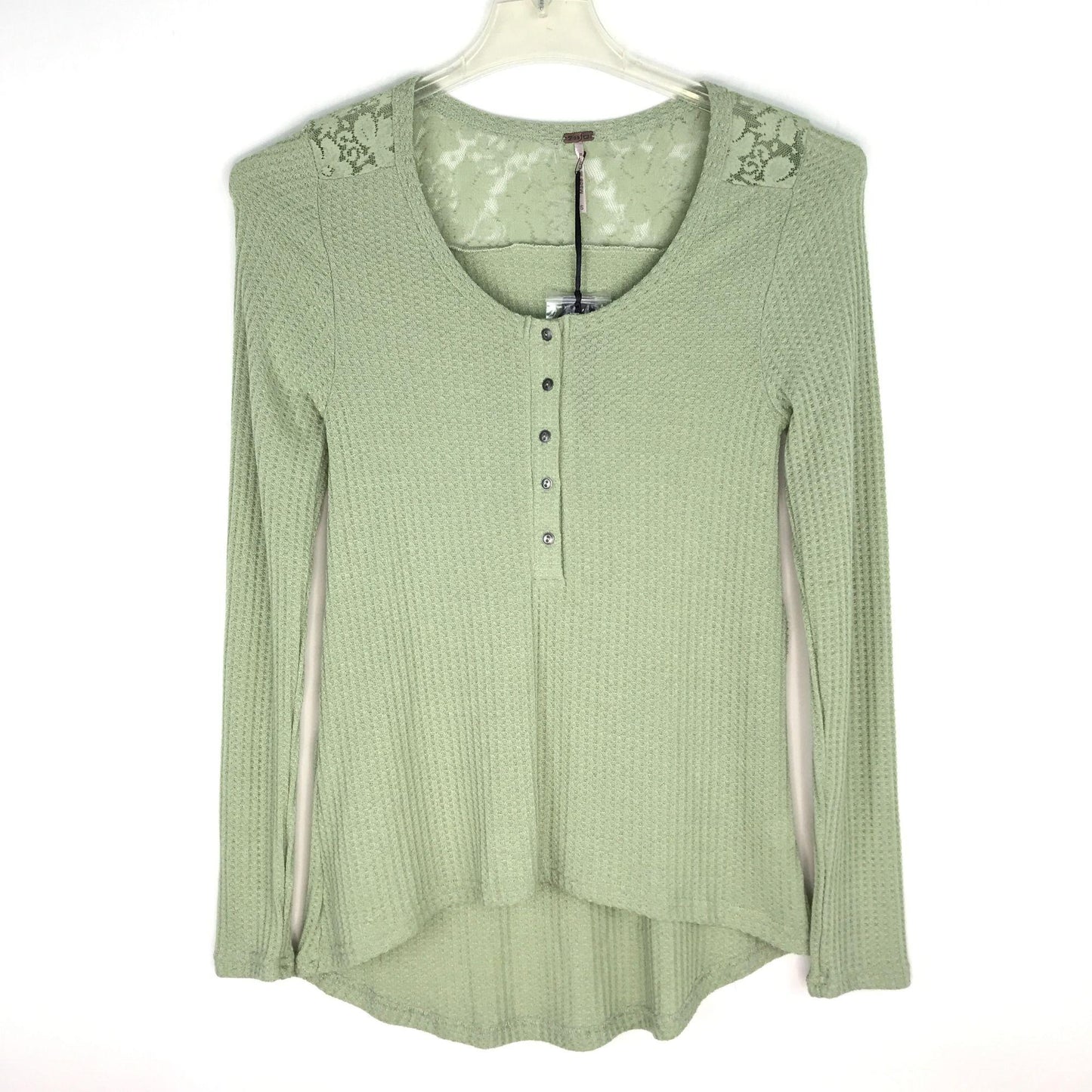 NWT Poof S Sage Green Boho Top Waffle Knit Lace Long Sleeve Round Neck High Low