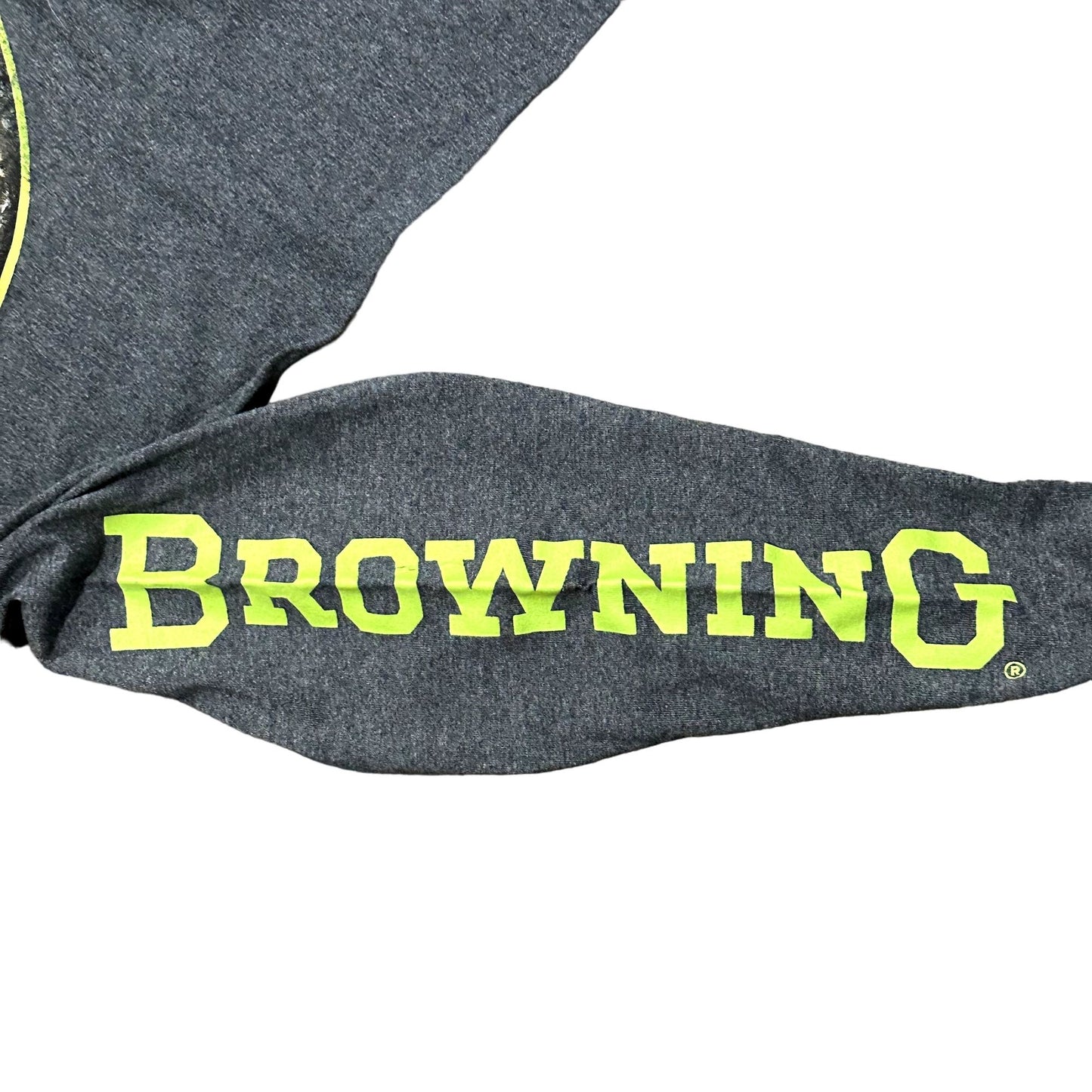 Browning Mens M Gray Long Sleeve TShirt Deer Camo Lime Green Logo Crew Neck