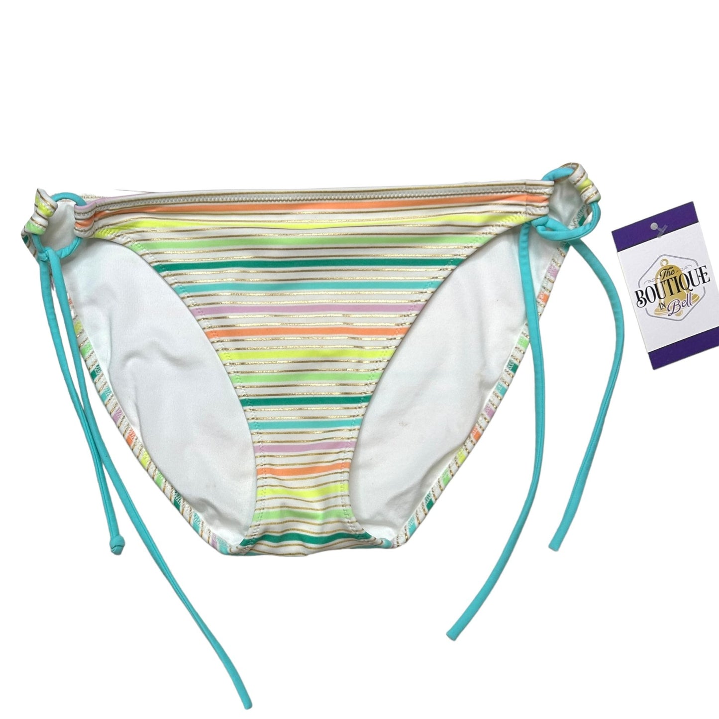 Victorias Secret M Rainbow String Bikini Bottom Metallic Gold Striped Side Tie