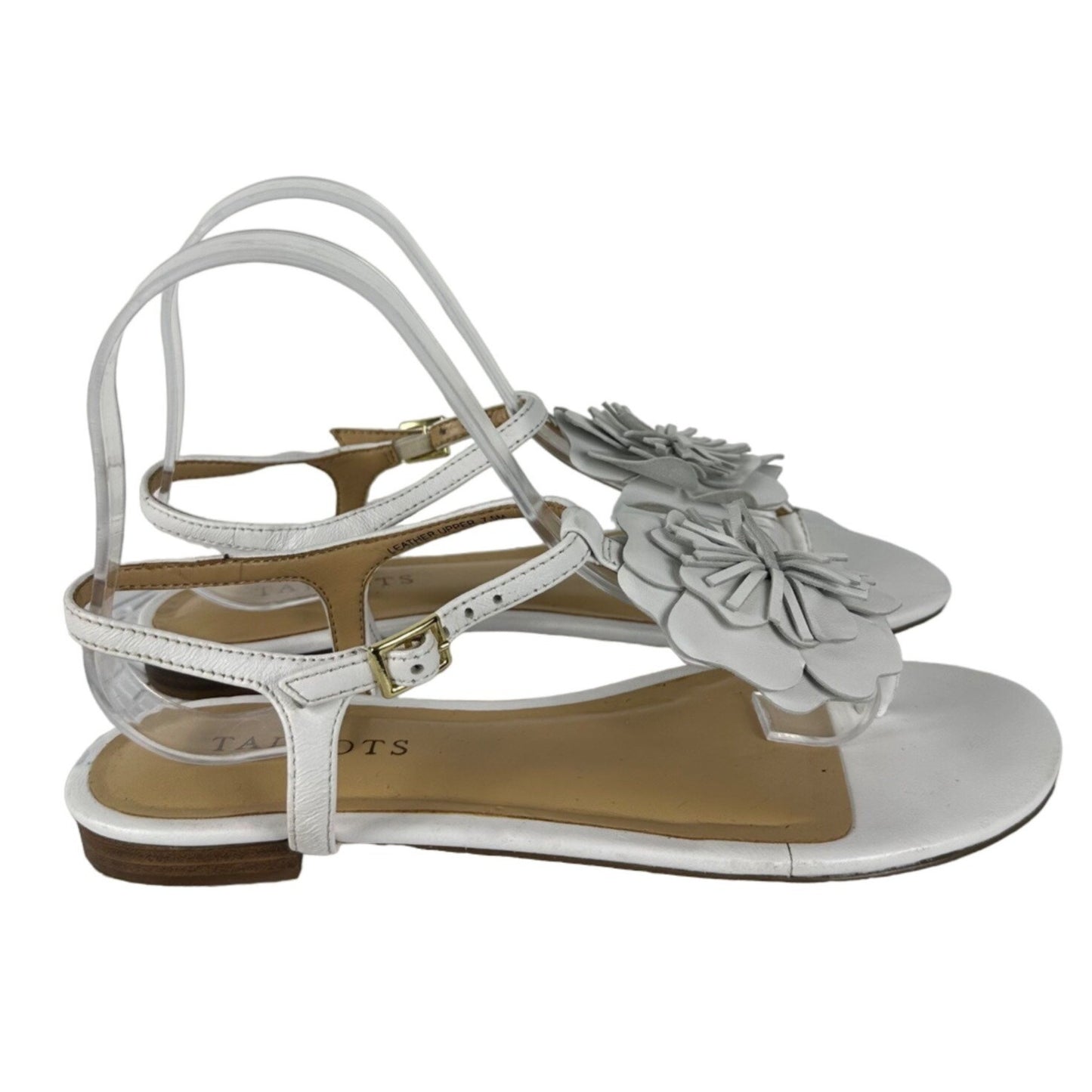 Talbots Womens 7.5M White Flat Strappy Sandal Flower Buckle Casual Church Wear