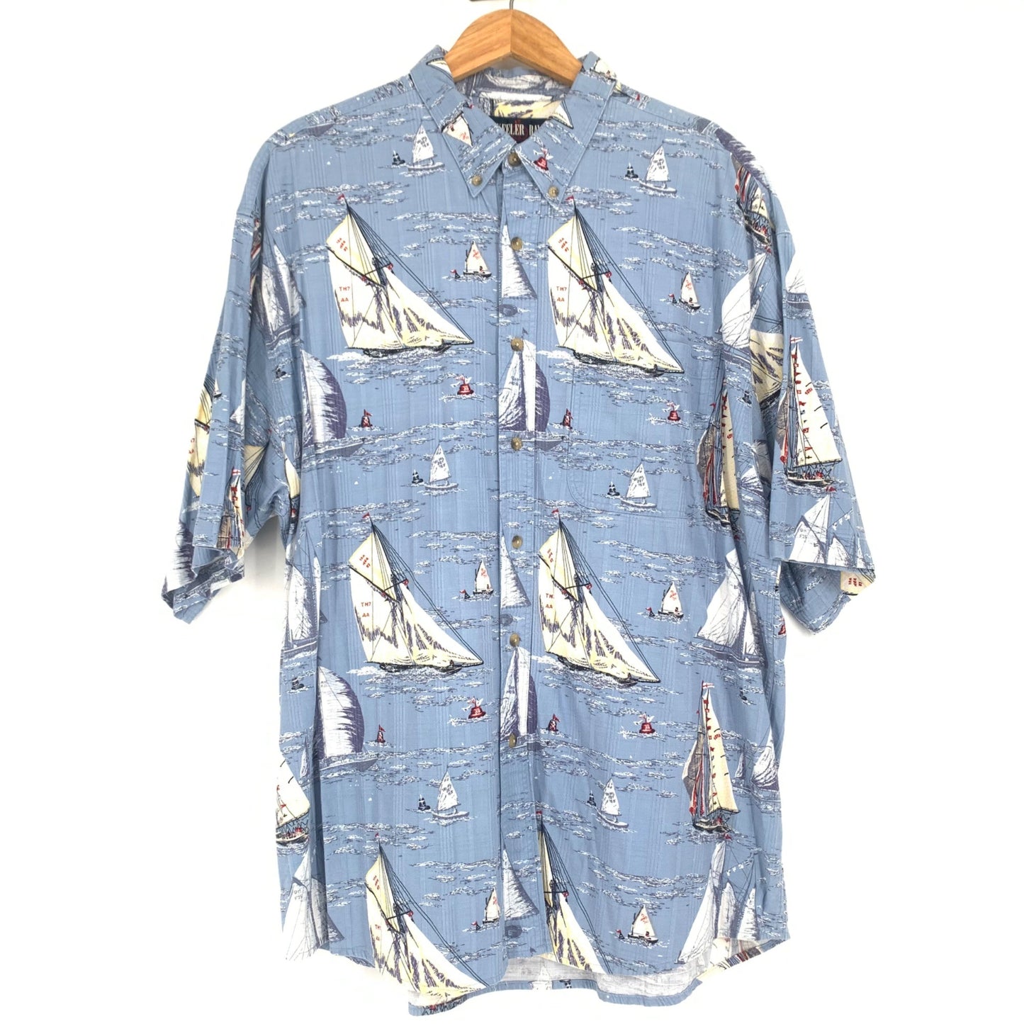 Keeler Bay XL Nautical Print Sail Boats Button Front Pocket Collar Short Sleeve