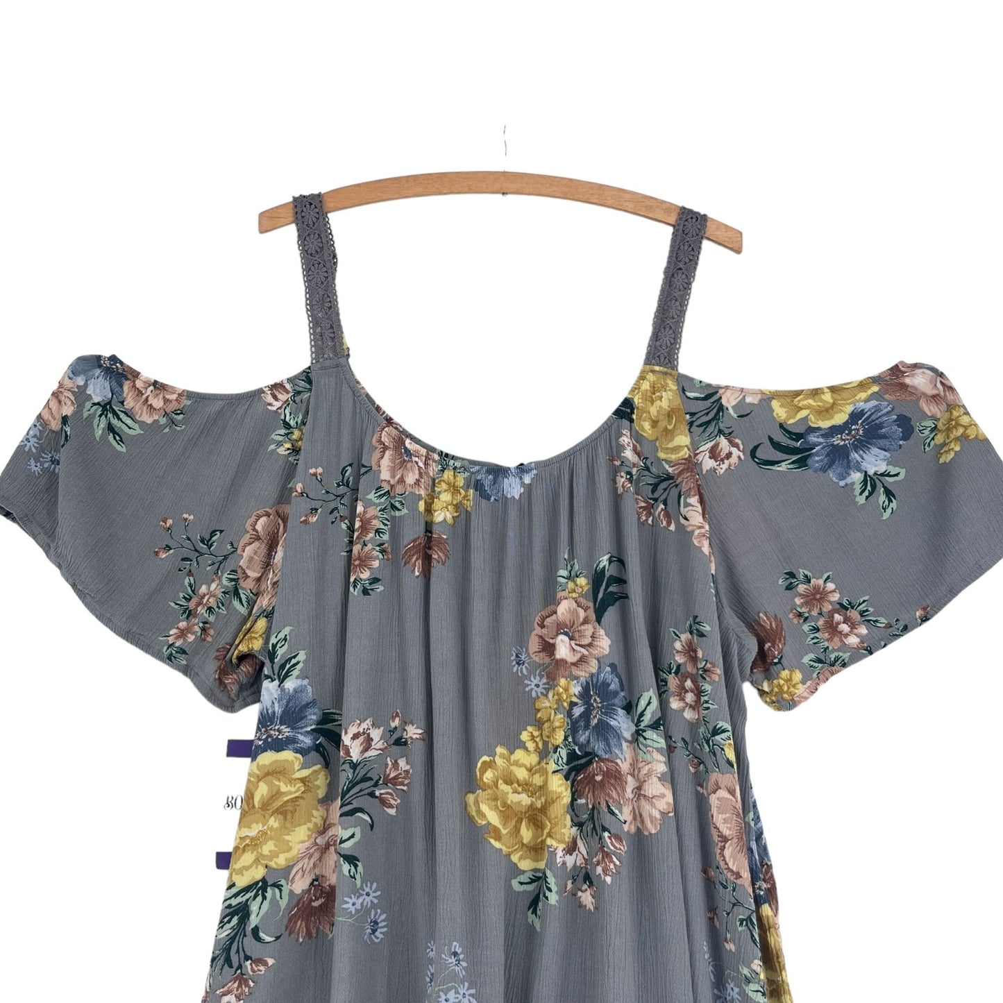 Torrid 4X Frost Gray Cold Shoulder Top Floral Crinkled Gauze Lace Boho