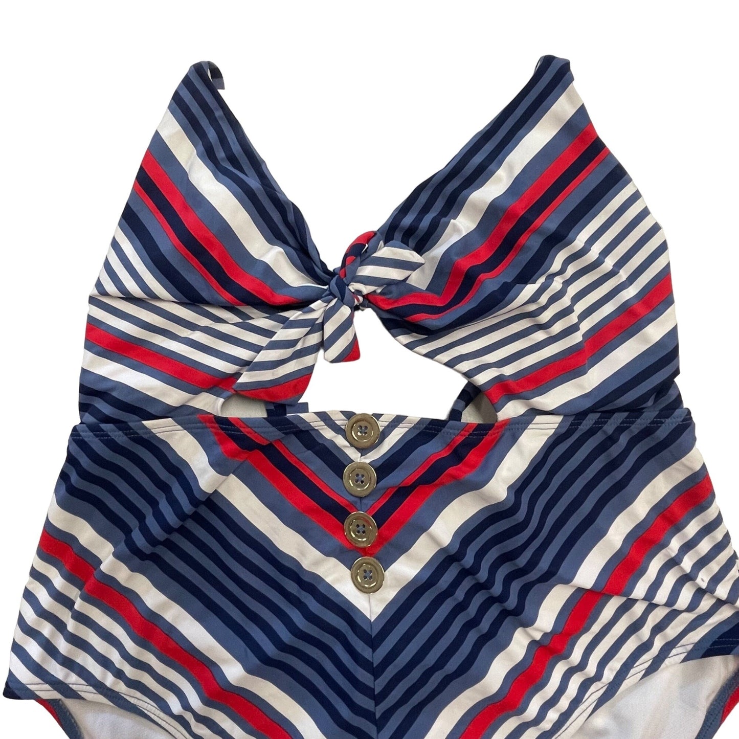 Time Tru L One Piece Swim Suit Red White Blue Patriotic Sailor Cutout Peep Vneck