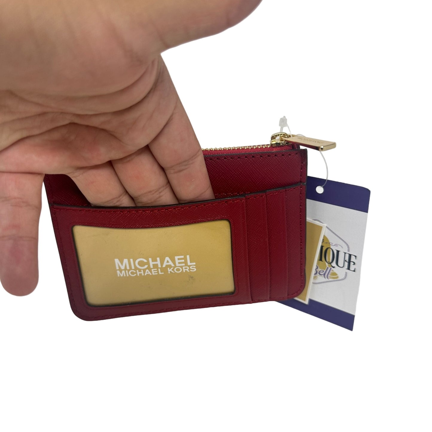 NWT Michael Kors Jet Set Travel Scarlet Leather Coinpouch Wallet Gold Accents