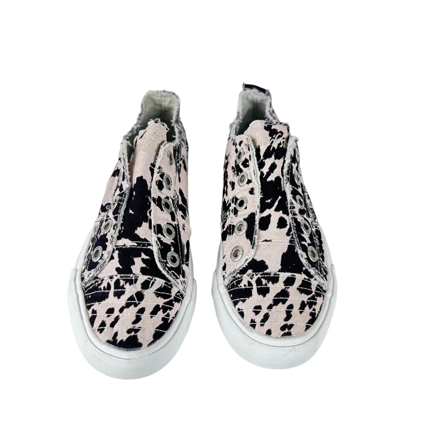 NWOB Blowfish Malibu Womens 9 Black White Cow Print Canvas Slip On Sneaker