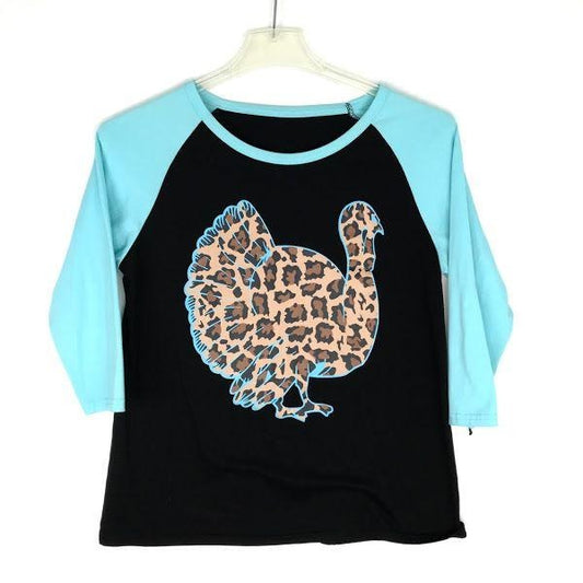 Unbranded Womens M Thanksgiving Turkey Raglan TShirt Black Blue Cheetah Print