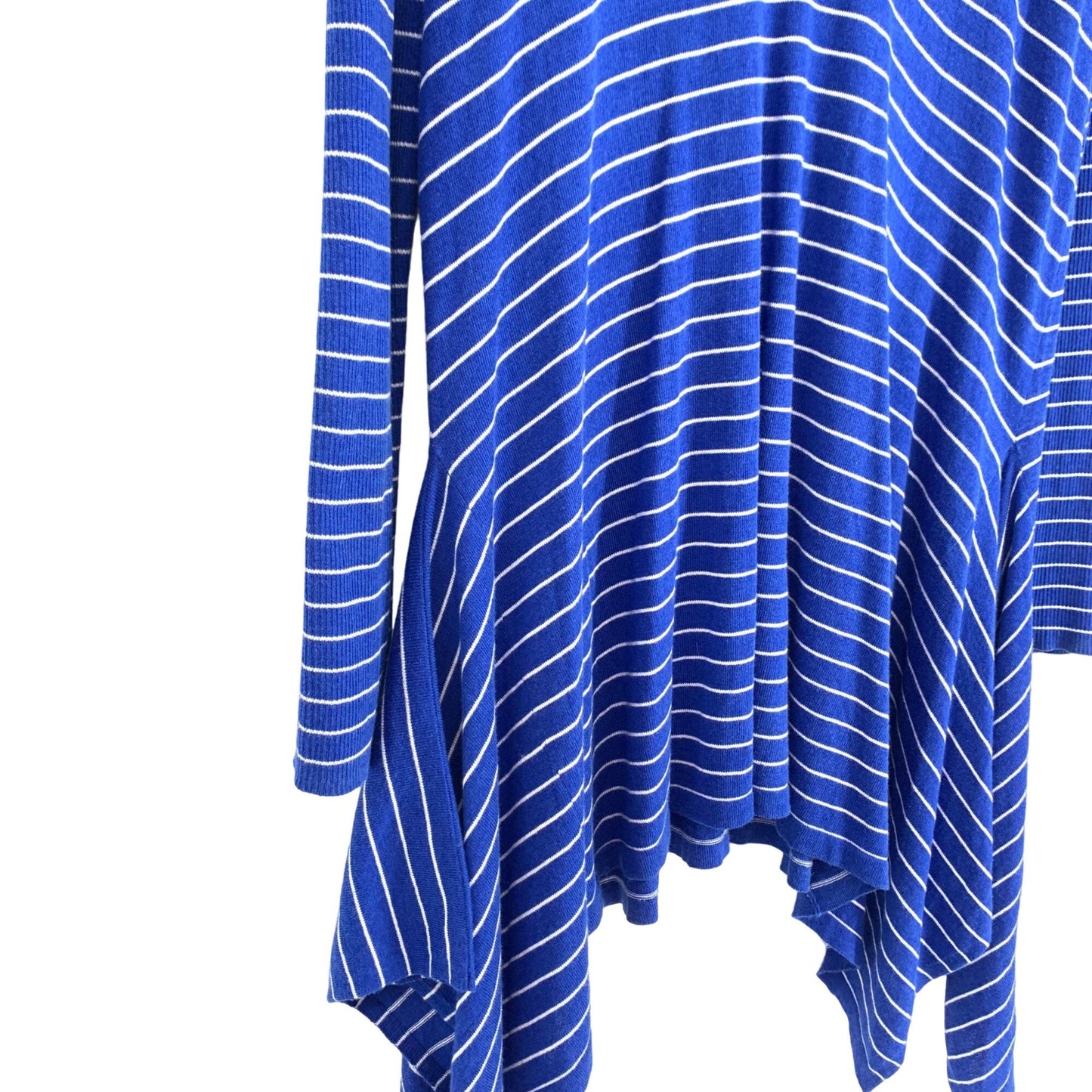 Tommy Bahama L Blue White Striped Tunic Blouse Long Sleeve Vneck Sharkbite Hem