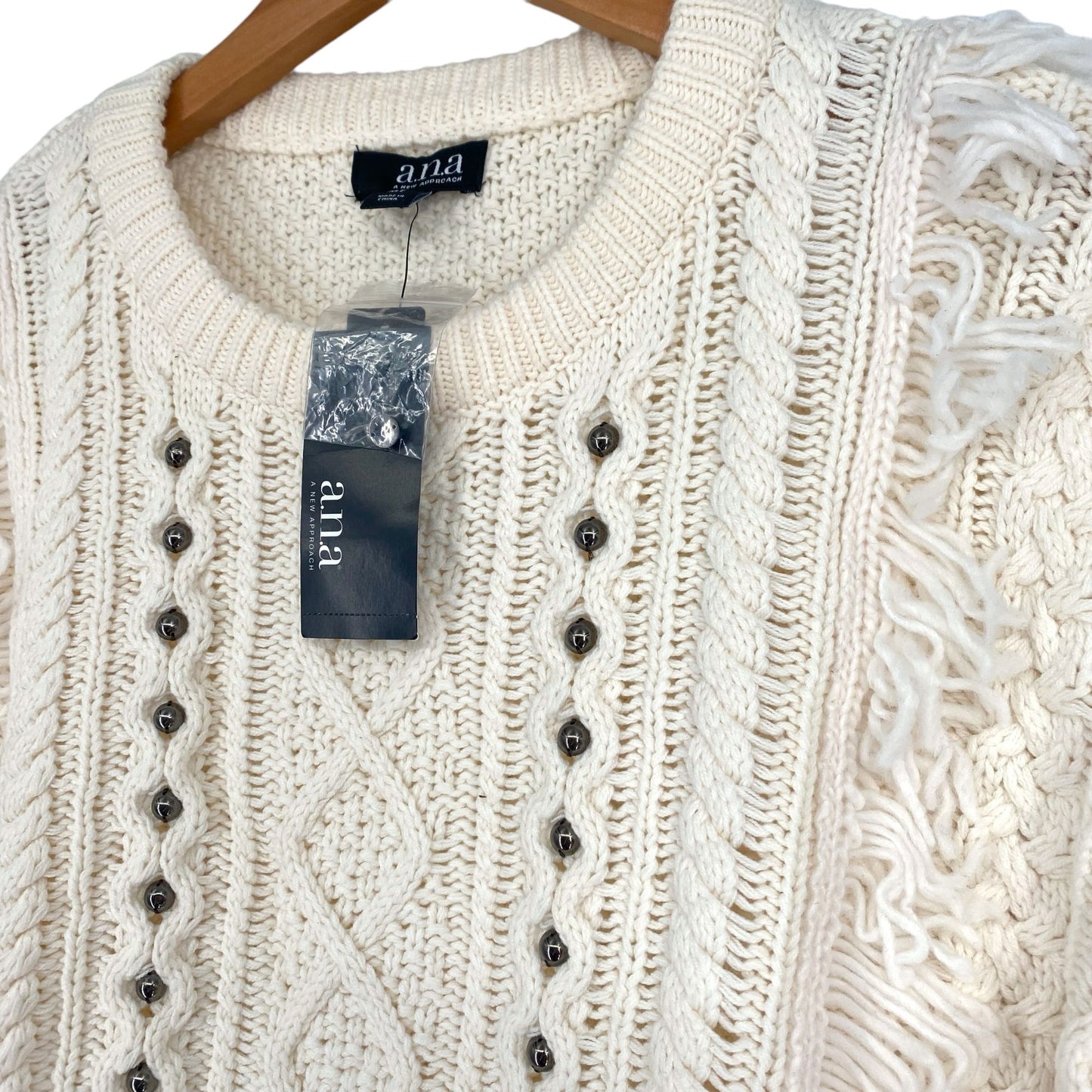 NWT ANA M Tall Ivory Fringe Beaded Sweater Boho Chunky Long Sleeve Cable Knit