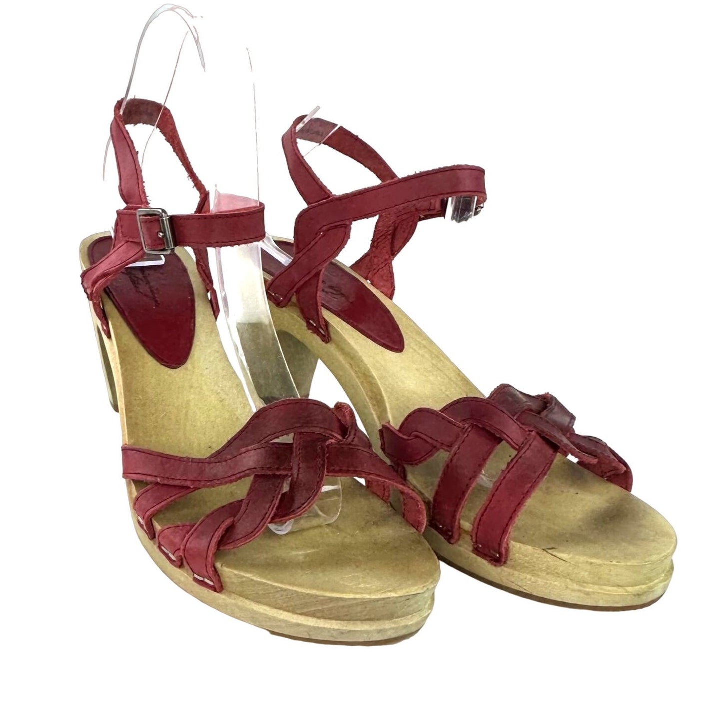 American Eagle Outfitters 9 Red Leather Sandals Heels Wood Sole Strappy Buckle