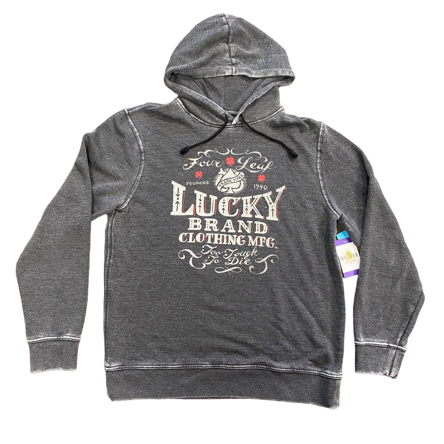 Lucky Brand Venice Burnout L Grey Pullover Hoodie "Four Leaf - Too Tough To Die"