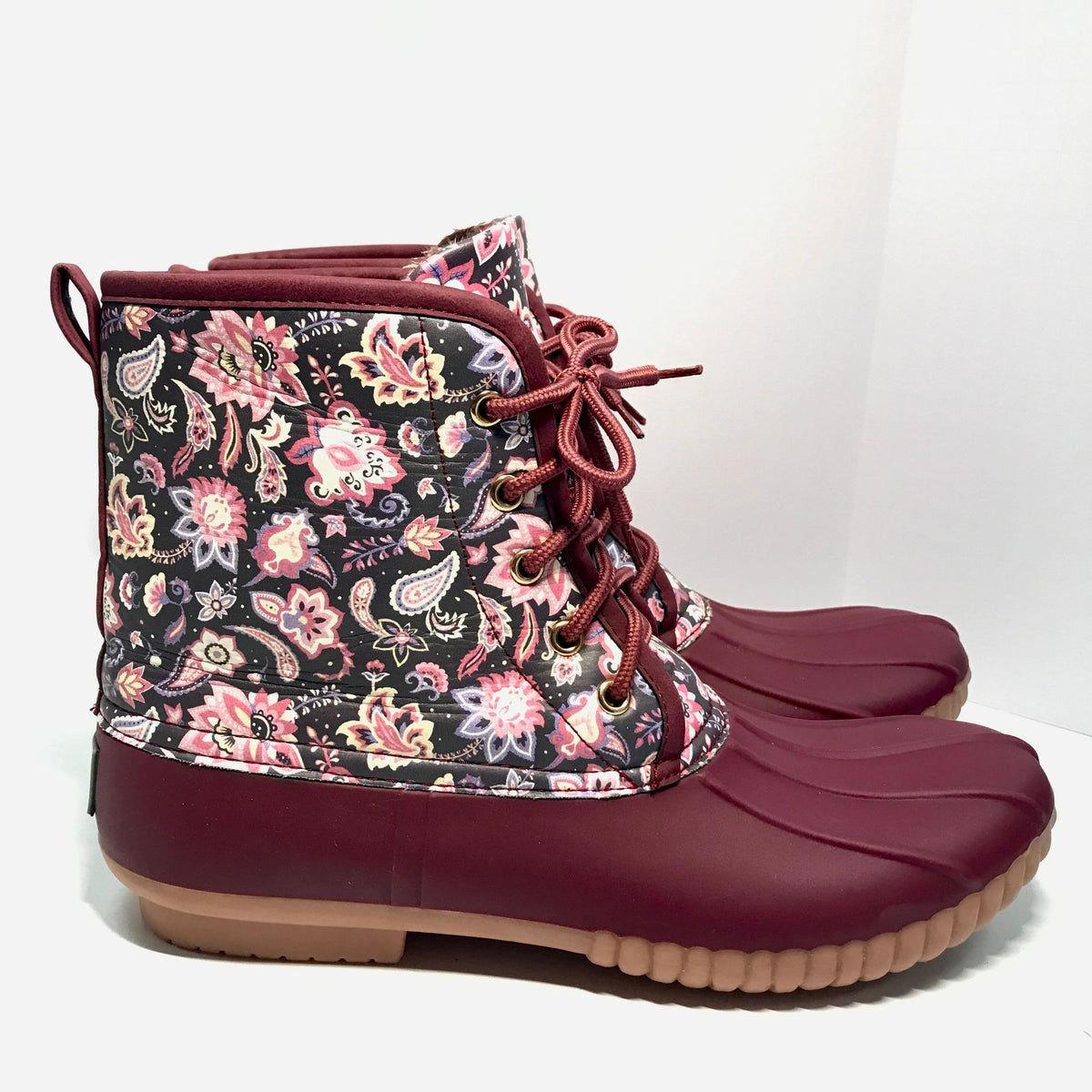 Simply Southern Bloom Womens 11 Paisley Floral WIne Print Duck Boots Waterproof