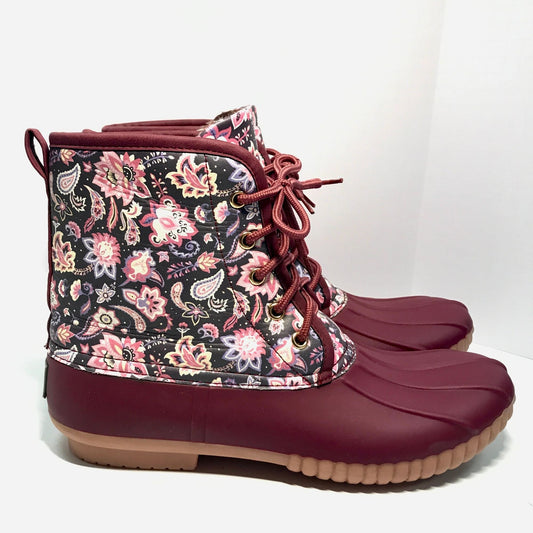 Simply Southern Bloom Womens 11 Paisley Floral WIne Print Duck Boots Waterproof