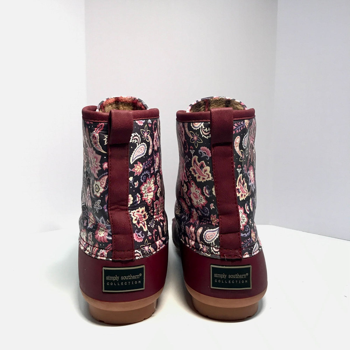 Simply Southern Bloom Womens 11 Paisley Floral WIne Print Duck Boots Waterproof