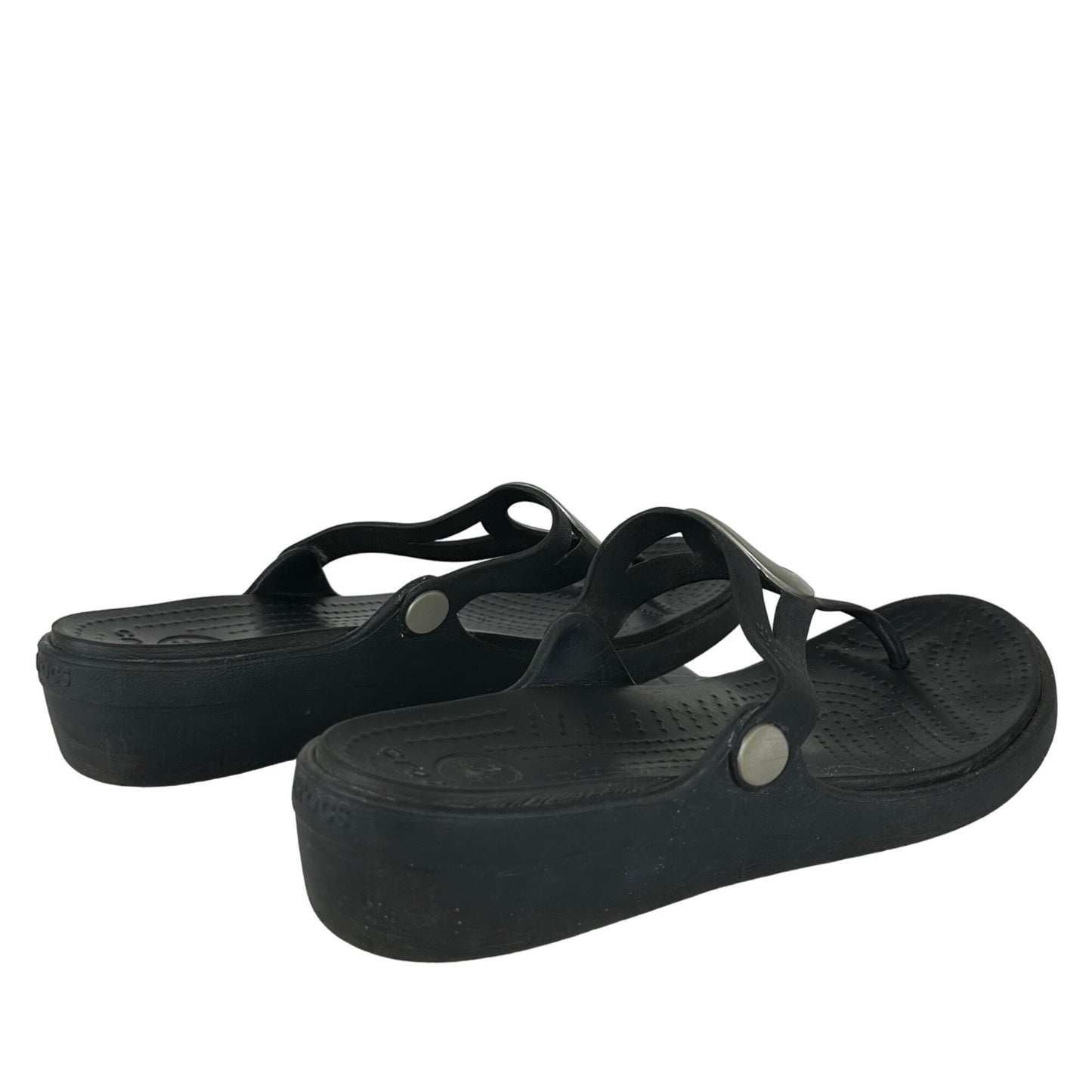 Crocs Womens 11 Black Sanrah Flip Flop Wedge Slip On Sandal Silver Circle Emblem