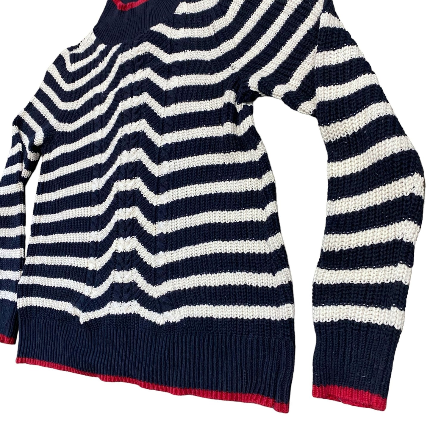 LOFT S Striped Sweater Blue Red White Mock Neck Boyfriend Cable Knit Ribbed