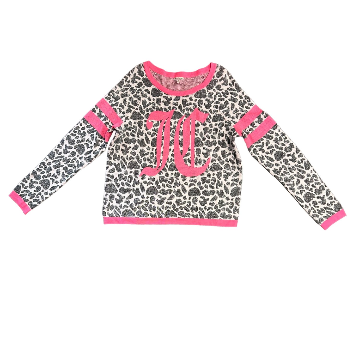 Juicy Couture Womens XL Metallic Leopard Print Pullover Sweater Pink Logo Gray