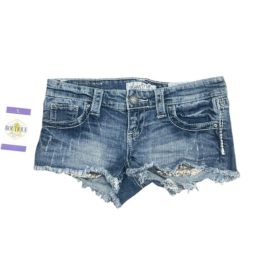 Daytrip Gemini Cut Off Jean Shorts 25 Sequins Frayed Hem Stretch Thick Stitch