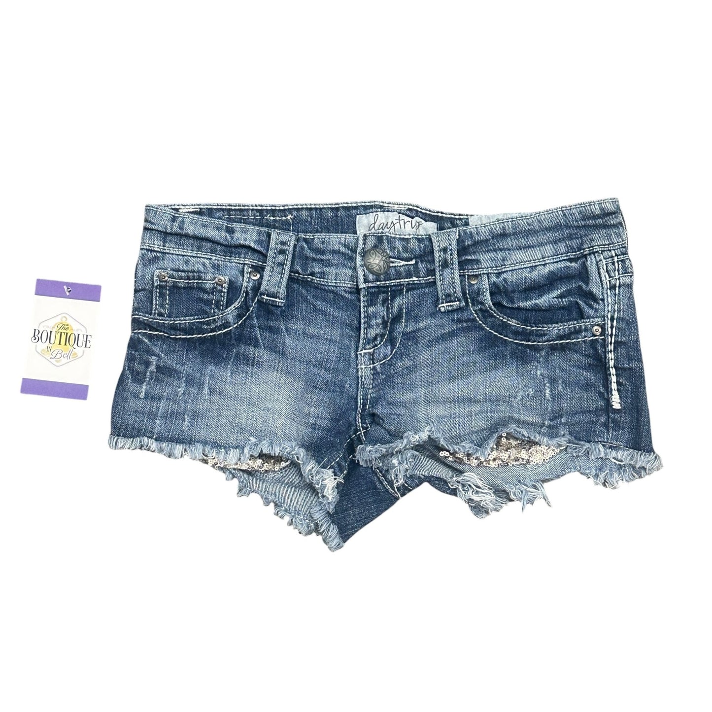 Daytrip Gemini Cut Off Jean Shorts 25 Sequins Frayed Hem Stretch Thick Stitch