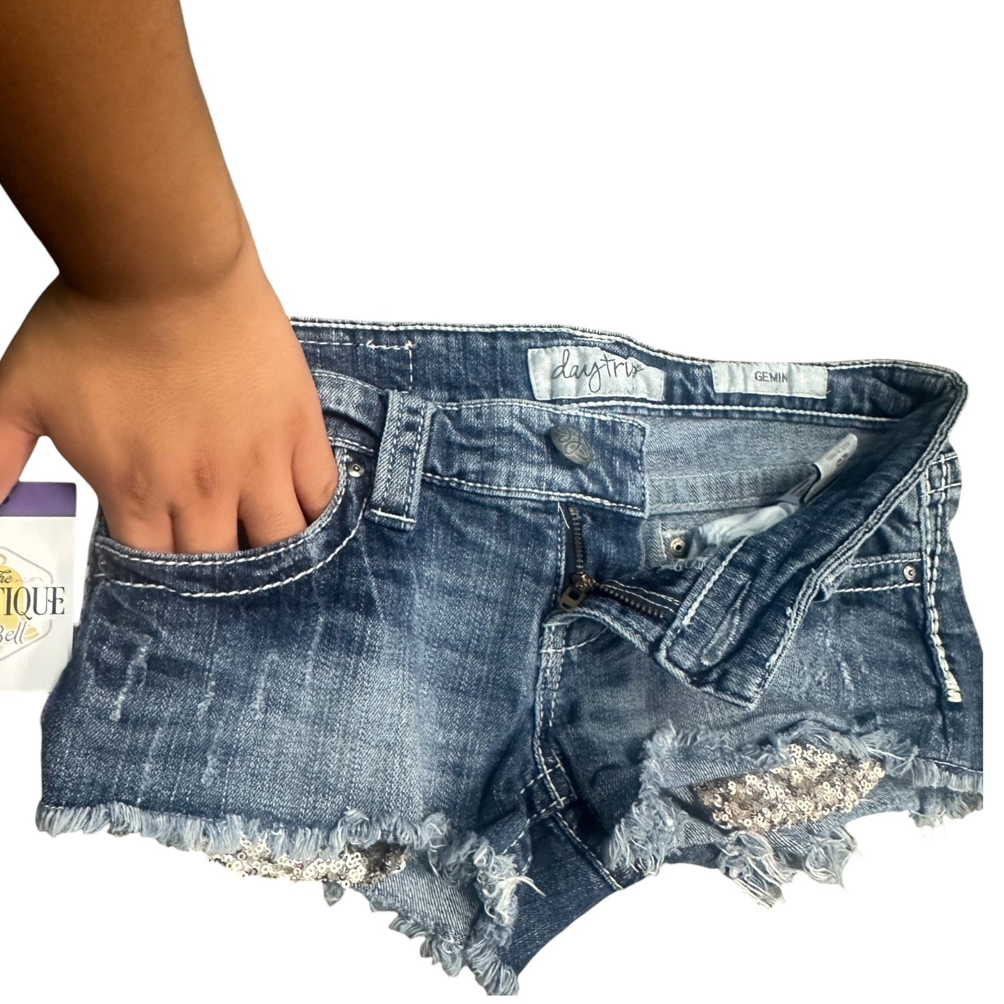 Daytrip Gemini Cut Off Jean Shorts 25 Sequins Frayed Hem Stretch Thick Stitch