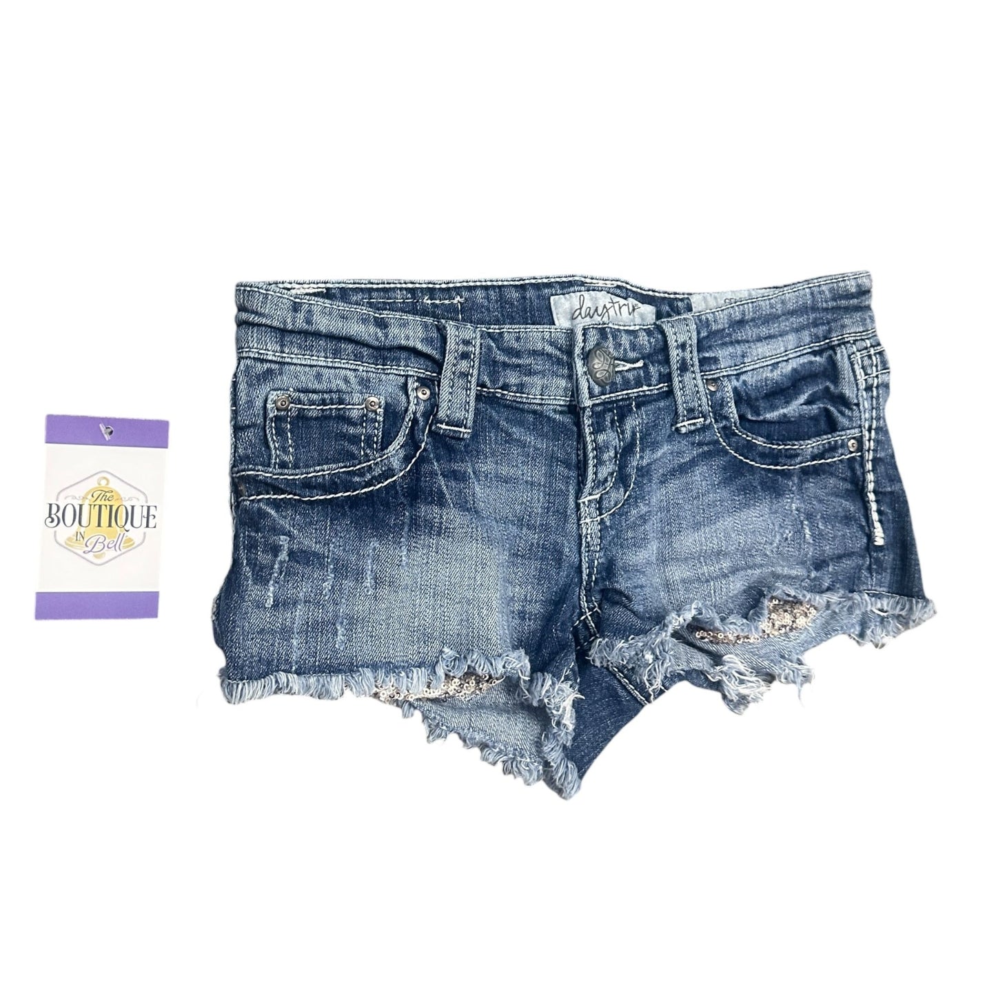 Daytrip Gemini Cut Off Jean Shorts 25 Sequins Frayed Hem Stretch Thick Stitch