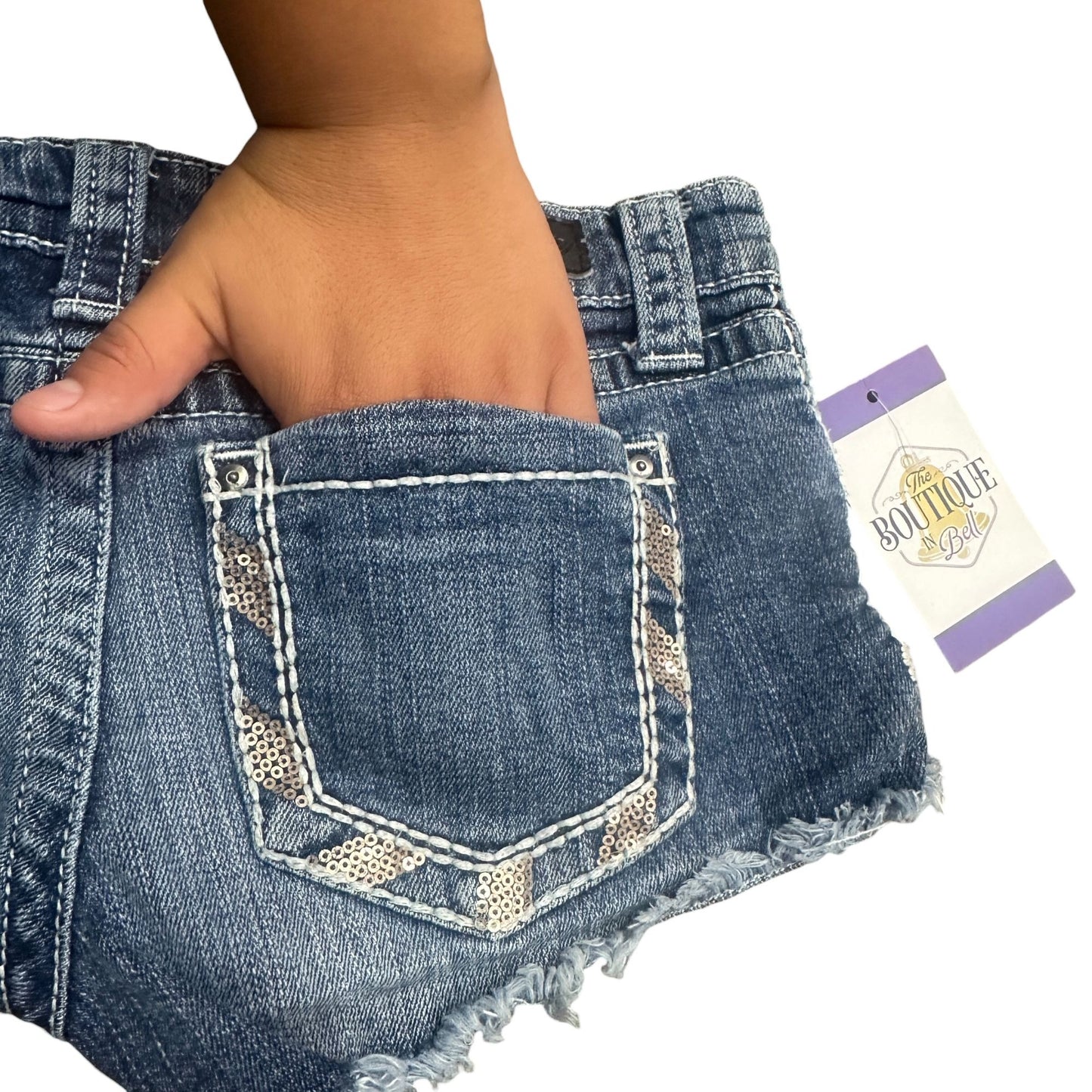 Daytrip Gemini Cut Off Jean Shorts 25 Sequins Frayed Hem Stretch Thick Stitch