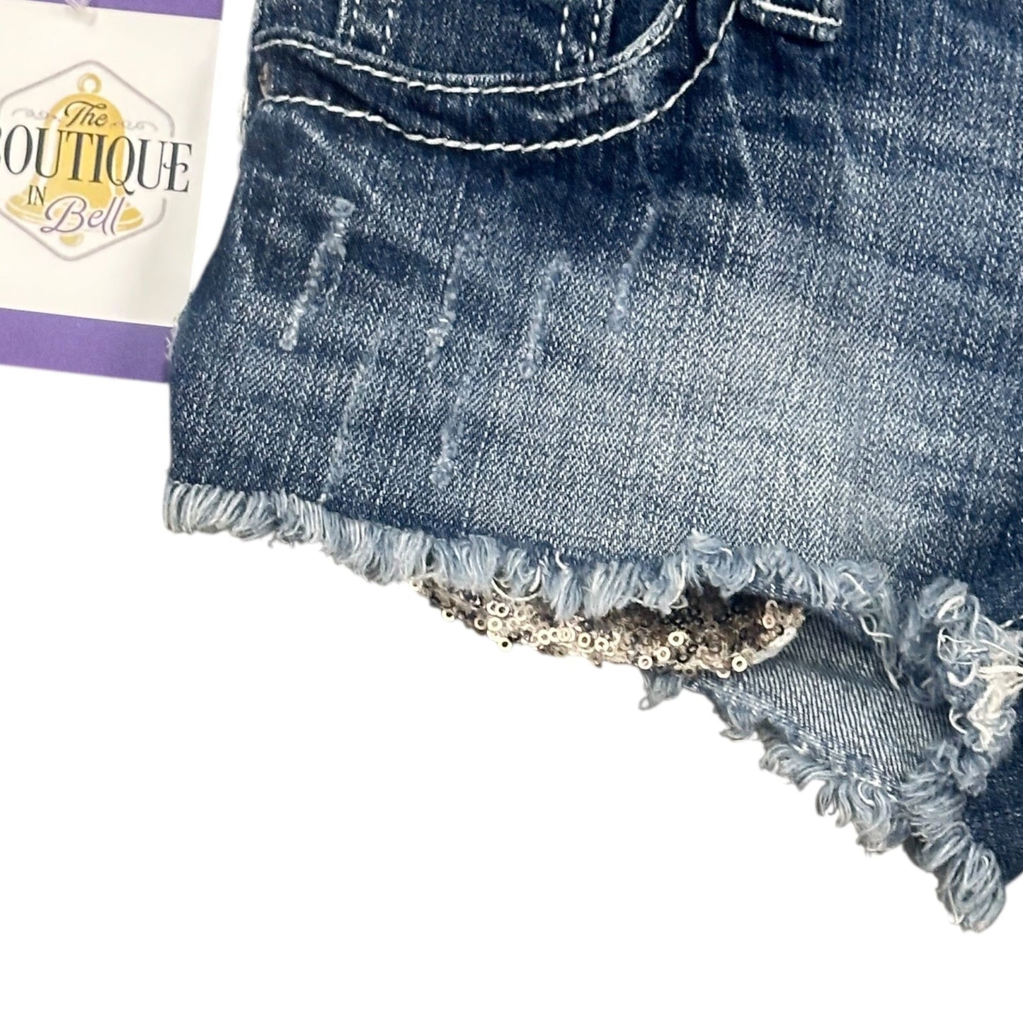 Daytrip Gemini Cut Off Jean Shorts 25 Sequins Frayed Hem Stretch Thick Stitch