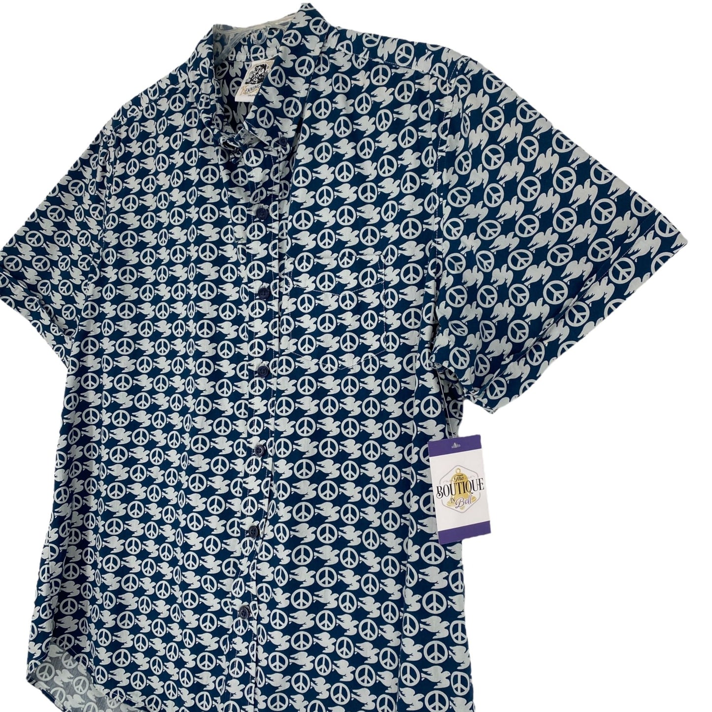 Kennington Mens XXL Blue Shirt Button Down Short Sleeve Dove Peace Sign Print