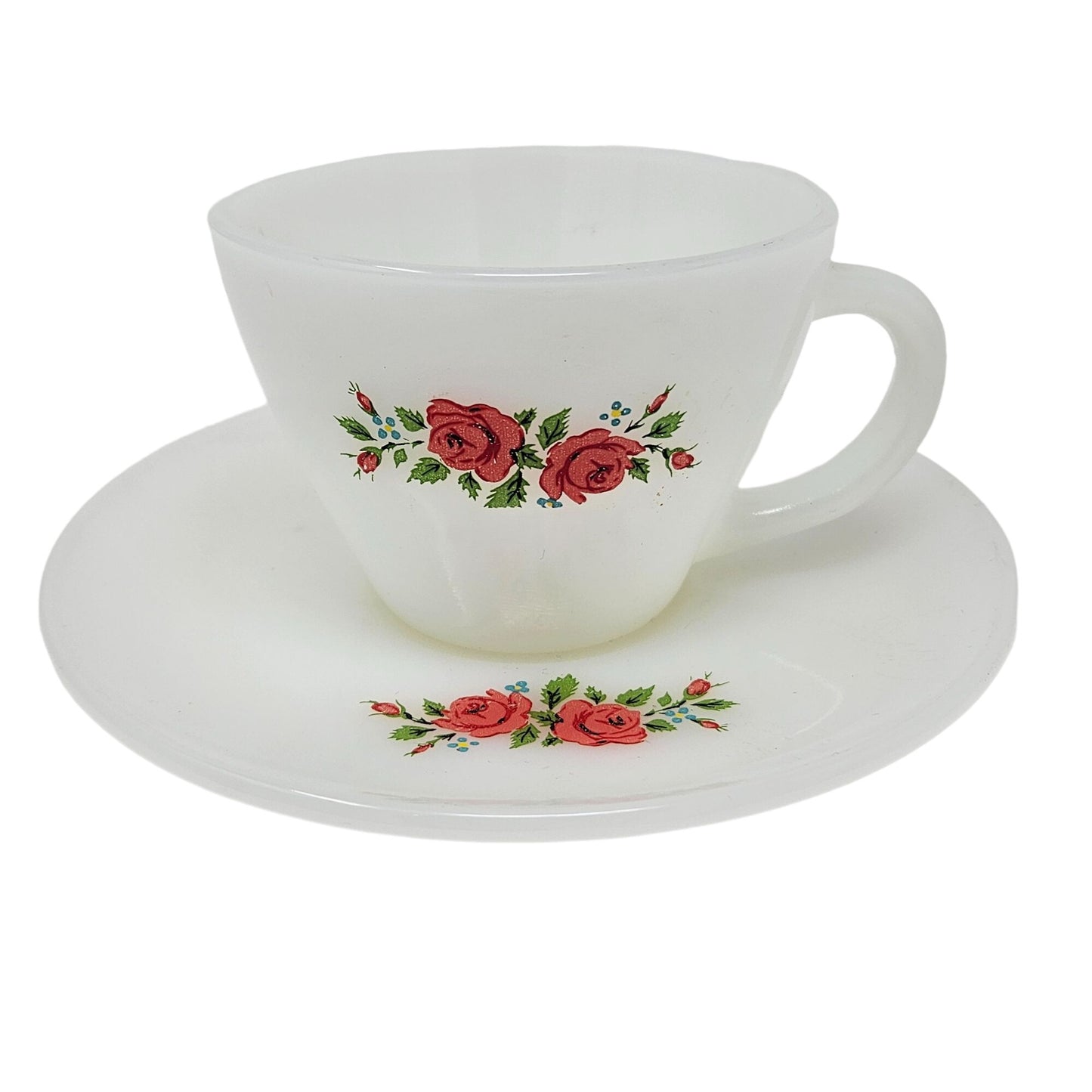 Vintage Anchor Hocking Fire King Milk Glass Red Rose Tea Cup and Saucer Set