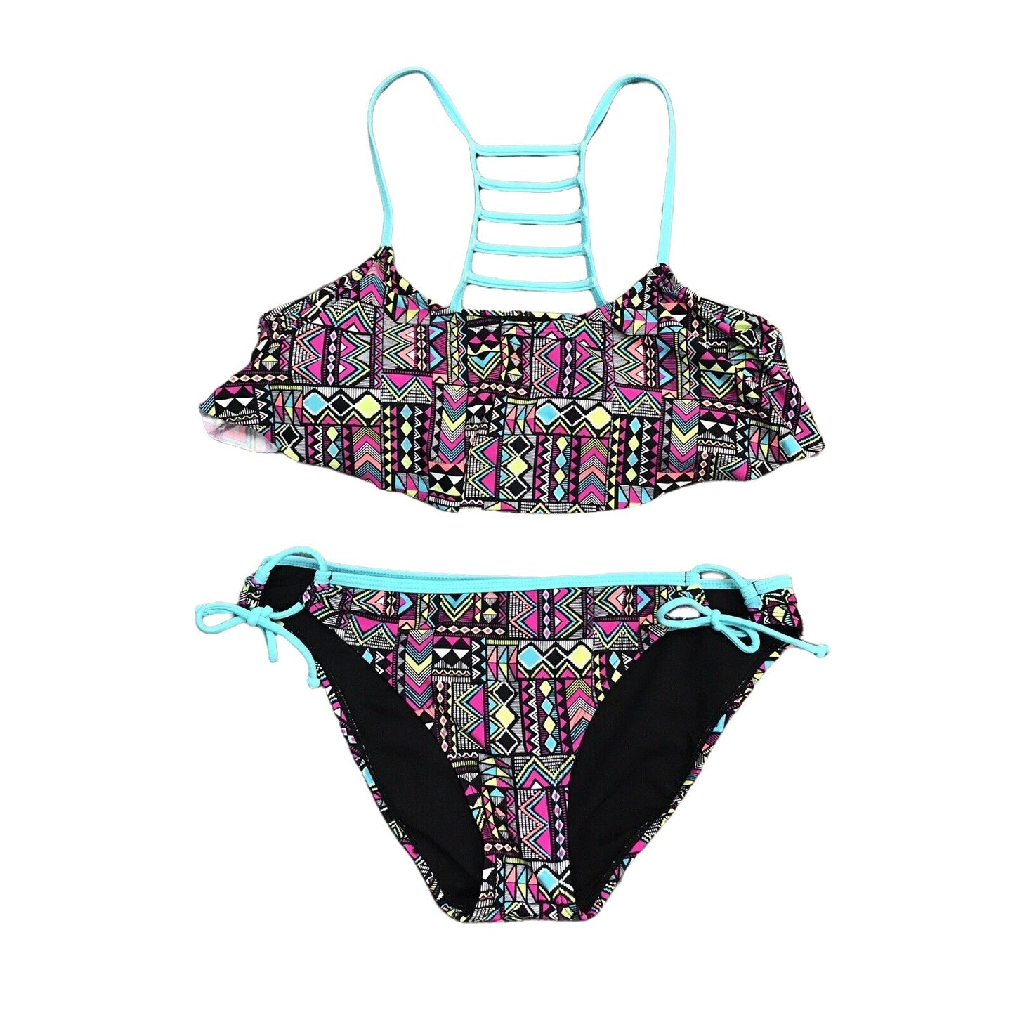 O'RAGEOUS String Bikini Ruffle Racerback Strappy Aztec Large Top Medium Bottom