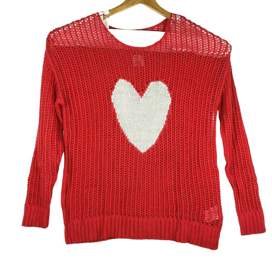 NWT Motherhood Maternity Heart XL Sweater Open Knit Long Sleeve Red White Casual