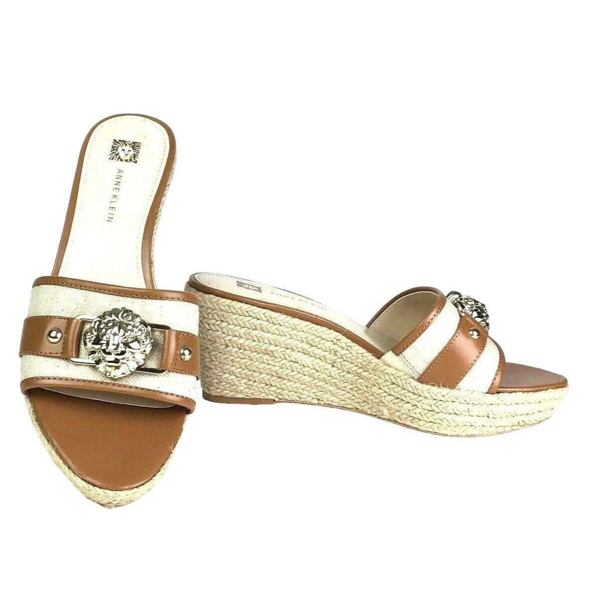 Anne Klein 8M Elissabet Gold Lion Head Espadrilles Tan White Sandal Wedges NEW