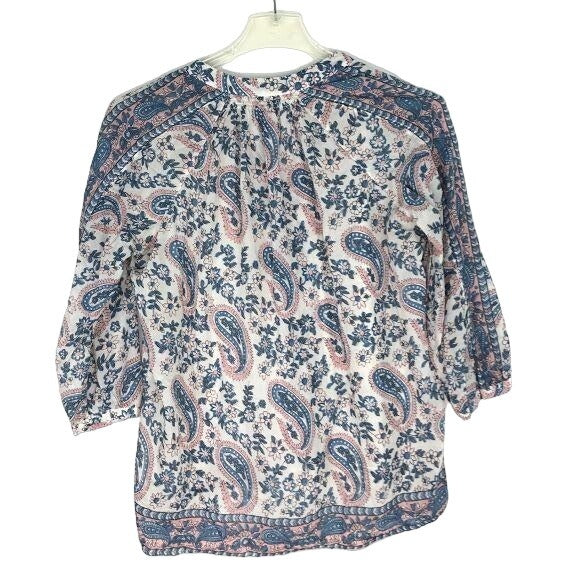 Madewell M Paisley Peasant Blouse Blue Pink V Neck Tassel 3/4 Sleeve Boho Hippie